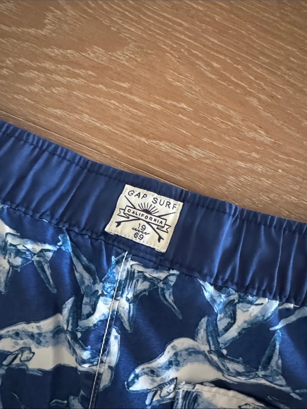 GAP Navy and White Shark Swim Shorts with Lime Drawstring